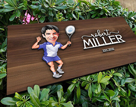 BK Gift Kişiye Özel Erkek Tenis Oyuncusu Karikatürlü Kabartma Tasarım Antik Ceviz Ahşap Tabela-1, Dekoratif Tabela, Rustik Ev Dekorasyonu