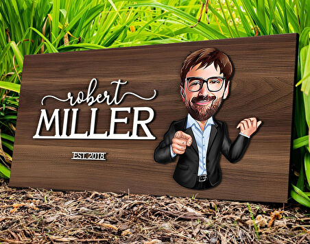 BK Gift Kişiye Özel Erkek Karikatürlü Kabartma Tasarım Antik Ceviz Ahşap Tabela-1, Dekoratif Tabela, Rustik Ev Dekorasyonu