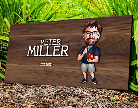 BK Gift Kişiye Özel Erkek Amerikan Futbolu Karikatürlü Kabartma Tasarım Antik Ceviz Ahşap Tabela-1, Dekoratif Tabela, Rustik Ev Dekorasyonu