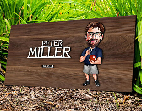 BK Gift Kişiye Özel Erkek Amerikan Futbolu Karikatürlü Kabartma Tasarım Antik Ceviz Ahşap Tabela-2, Dekoratif Tabela, Rustik Ev Dekorasyonu