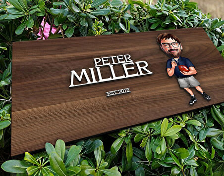 BK Gift Kişiye Özel Erkek Amerikan Futbolu Karikatürlü Kabartma Tasarım Antik Ceviz Ahşap Tabela-2, Dekoratif Tabela, Rustik Ev Dekorasyonu