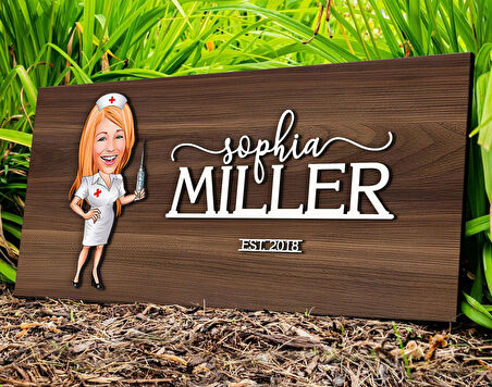 BK Gift Kişiye Özel Hemşire Karikatürlü Kabartma Tasarım Antik Ceviz Ahşap Tabela-1, Dekoratif Tabela, Rustik Ev Dekorasyonu