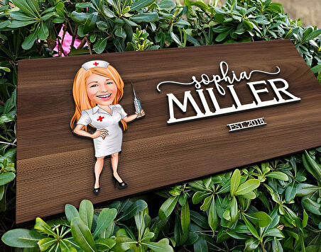 BK Gift Kişiye Özel Hemşire Karikatürlü Kabartma Tasarım Antik Ceviz Ahşap Tabela-1, Dekoratif Tabela, Rustik Ev Dekorasyonu