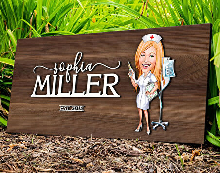 BK Gift Kişiye Özel Hemşire Karikatürlü Kabartma Tasarım Antik Ceviz Ahşap Tabela-2, Dekoratif Tabela, Rustik Ev Dekorasyonu