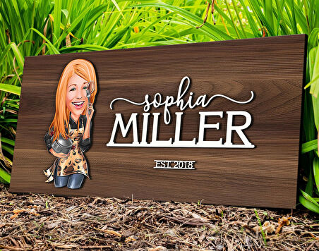 BK Gift Kişiye Özel Kadın Aşçı Karikatürlü Kabartma Tasarım Antik Ceviz Ahşap Tabela-2, Dekoratif Tabela, Rustik Ev Dekorasyonu