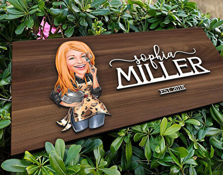 BK Gift Kişiye Özel Kadın Aşçı Karikatürlü Kabartma Tasarım Antik Ceviz Ahşap Tabela-2, Dekoratif Tabela, Rustik Ev Dekorasyonu