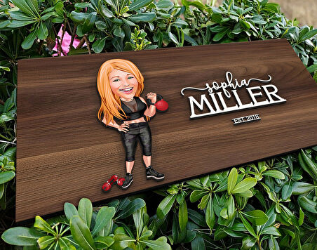 BK Gift Kişiye Özel Kadın Fitnessci Karikatürlü Kabartma Tasarım Antik Ceviz Ahşap Tabela-1, Dekoratif Tabela, Rustik Ev Dekorasyonu