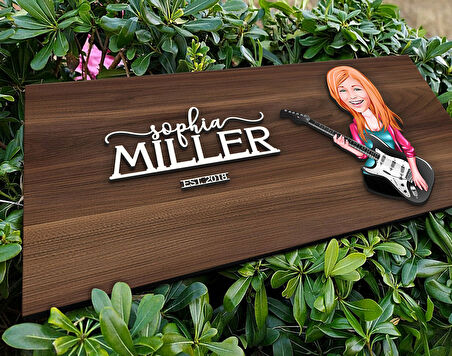 BK Gift Kişiye Özel Kadın Gitarist Karikatürlü Kabartma Tasarım Antik Ceviz Ahşap Tabela-1, Dekoratif Tabela, Rustik Ev Dekorasyonu