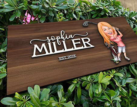 BK Gift Kişiye Özel Kadın Golfçü Karikatürlü Kabartma Tasarım Antik Ceviz Ahşap Tabela-1, Dekoratif Tabela, Rustik Ev Dekorasyonu