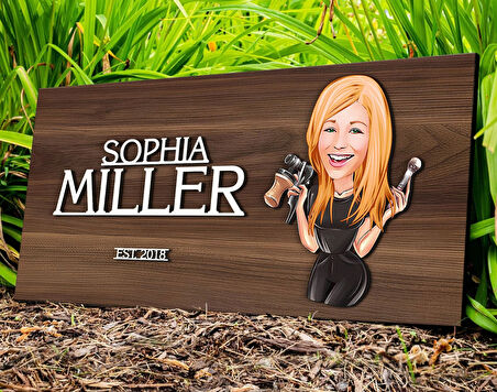 BK Gift Kişiye Özel Kadın Güzellik Uzmanı Karikatürlü Kabartma Tasarım Antik Ceviz Ahşap Tabela-1, Dekoratif Tabela, Rustik Ev Dekorasyonu