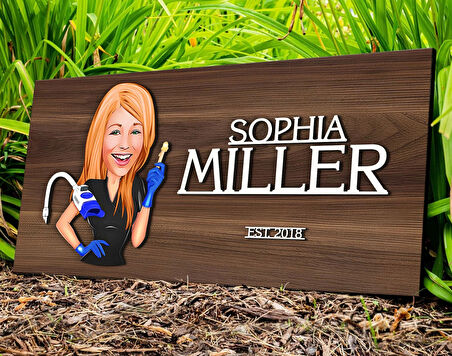 BK Gift Kişiye Özel Kadın Güzellik Uzmanı Karikatürlü Kabartma Tasarım Antik Ceviz Ahşap Tabela-2, Dekoratif Tabela, Rustik Ev Dekorasyonu