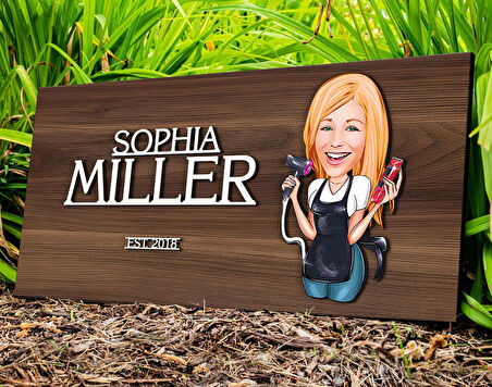 BK Gift Kişiye Özel Kadın Kuaför Karikatürlü Kabartma Tasarım Antik Ceviz Ahşap Tabela-3, Dekoratif Tabela, Rustik Ev Dekorasyonu