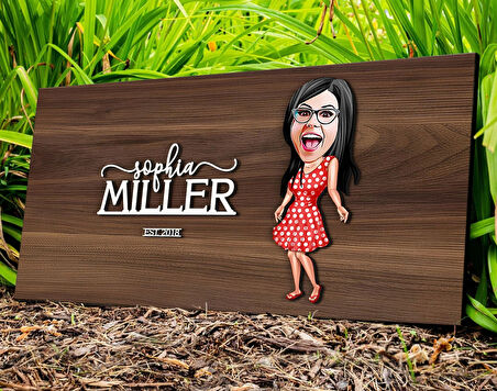 BK Gift Kişiye Özel Kadın Karikatürlü Kabartma Tasarım Antik Ceviz Ahşap Tabela-10, Dekoratif Tabela, Rustik Ev Dekorasyonu