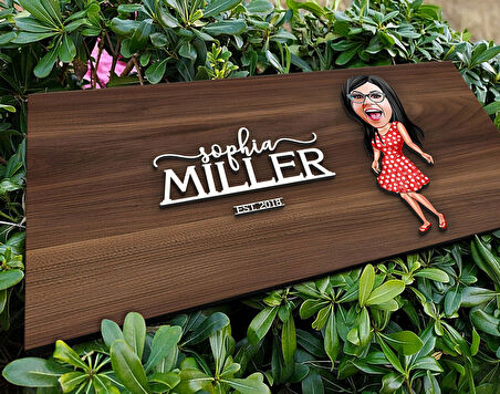 BK Gift Kişiye Özel Kadın Karikatürlü Kabartma Tasarım Antik Ceviz Ahşap Tabela-10, Dekoratif Tabela, Rustik Ev Dekorasyonu