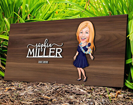 BK Gift Kişiye Özel Kadın Karikatürlü Kabartma Tasarım Antik Ceviz Ahşap Tabela-11, Dekoratif Tabela, Rustik Ev Dekorasyonu