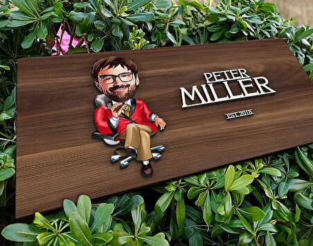 BK Gift Kişiye Özel Patron Karikatürlü Kabartma Tasarım Antik Ceviz Ahşap Tabela-1, Dekoratif Tabela, Rustik Ev Dekorasyonu