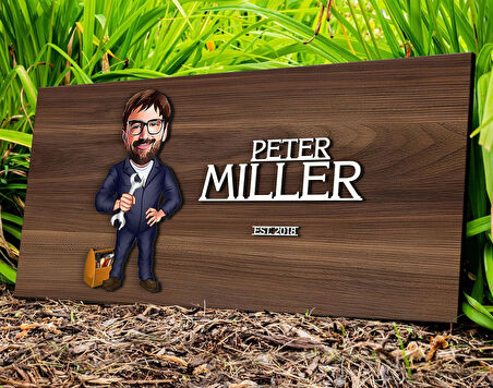 BK Gift Kişiye Özel Tamirci Karikatürlü Kabartma Tasarım Antik Ceviz Ahşap Tabela-1, Dekoratif Tabela, Rustik Ev Dekorasyonu