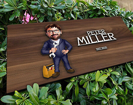 BK Gift Kişiye Özel Tamirci Karikatürlü Kabartma Tasarım Antik Ceviz Ahşap Tabela-1, Dekoratif Tabela, Rustik Ev Dekorasyonu