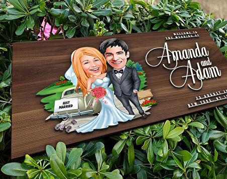 BK Gift Kişiye Özel Evleniyoruz Karikatürlü Kabartma Tasarım Antik Ceviz Ahşap Tabela-1, Dekoratif Tabela, Rustik Ev Dekorasyonu