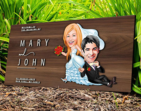 BK Gift Kişiye Özel Evleniyoruz Karikatürlü Kabartma Tasarım Antik Ceviz Ahşap Tabela-2, Dekoratif Tabela, Rustik Ev Dekorasyonu