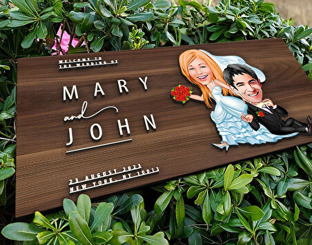 BK Gift Kişiye Özel Evleniyoruz Karikatürlü Kabartma Tasarım Antik Ceviz Ahşap Tabela-2, Dekoratif Tabela, Rustik Ev Dekorasyonu