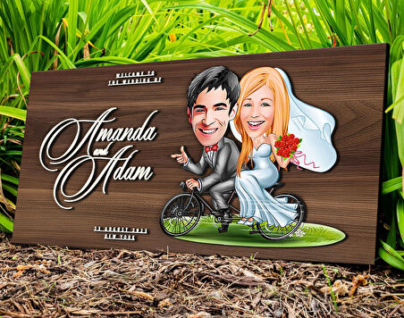 BK Gift Kişiye Özel Evleniyoruz Karikatürlü Kabartma Tasarım Antik Ceviz Ahşap Tabela-3, Dekoratif Tabela, Rustik Ev Dekorasyonu