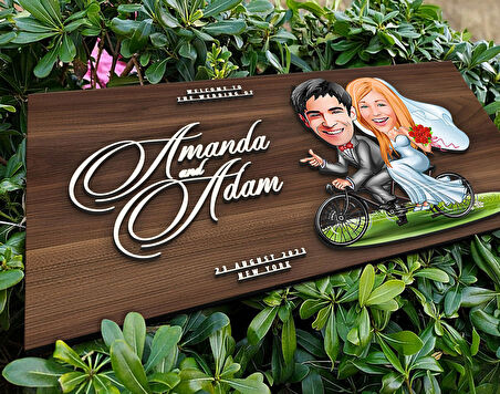 BK Gift Kişiye Özel Evleniyoruz Karikatürlü Kabartma Tasarım Antik Ceviz Ahşap Tabela-3, Dekoratif Tabela, Rustik Ev Dekorasyonu