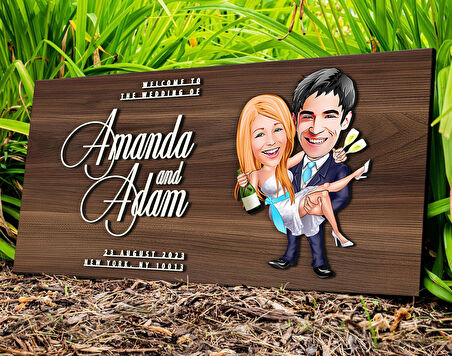 BK Gift Kişiye Özel Evleniyoruz Karikatürlü Kabartma Tasarım Antik Ceviz Ahşap Tabela-4, Dekoratif Tabela, Rustik Ev Dekorasyonu