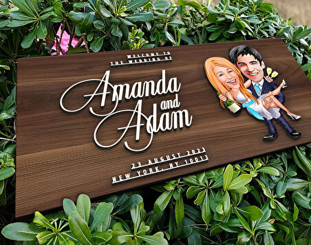 BK Gift Kişiye Özel Evleniyoruz Karikatürlü Kabartma Tasarım Antik Ceviz Ahşap Tabela-4, Dekoratif Tabela, Rustik Ev Dekorasyonu
