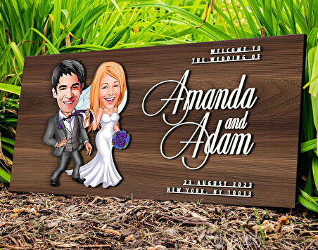 BK Gift Kişiye Özel Evleniyoruz Karikatürlü Kabartma Tasarım Antik Ceviz Ahşap Tabela-6, Dekoratif Tabela, Rustik Ev Dekorasyonu