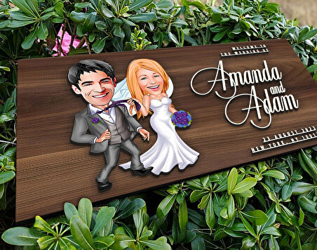 BK Gift Kişiye Özel Evleniyoruz Karikatürlü Kabartma Tasarım Antik Ceviz Ahşap Tabela-6, Dekoratif Tabela, Rustik Ev Dekorasyonu