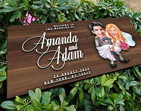 BK Gift Kişiye Özel Evleniyoruz Karikatürlü Kabartma Tasarım Antik Ceviz Ahşap Tabela-7, Dekoratif Tabela, Rustik Ev Dekorasyonu