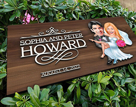 BK Gift Kişiye Özel Evleniyoruz Karikatürlü Kabartma Tasarım Antik Ceviz Ahşap Tabela-9, Dekoratif Tabela, Rustik Ev Dekorasyonu