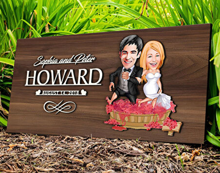 BK Gift Kişiye Özel Evleniyoruz Karikatürlü Kabartma Tasarım Antik Ceviz Ahşap Tabela-10, Dekoratif Tabela, Rustik Ev Dekorasyonu