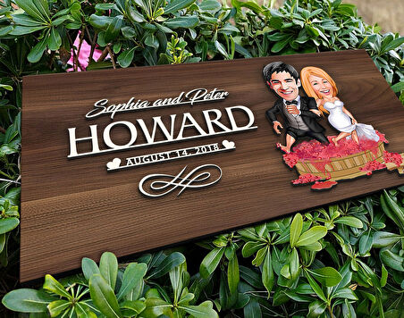 BK Gift Kişiye Özel Evleniyoruz Karikatürlü Kabartma Tasarım Antik Ceviz Ahşap Tabela-10, Dekoratif Tabela, Rustik Ev Dekorasyonu