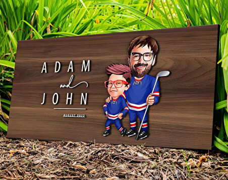 BK Gift Kişiye Özel Hokeyci Baba Oğul Karikatürlü Kabartma Tasarım Antik Ceviz Ahşap Tabela-1, Dekoratif Tabela, Rustik Ev Dekorasyonu