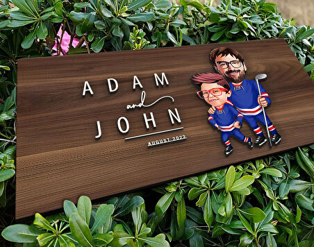 BK Gift Kişiye Özel Hokeyci Baba Oğul Karikatürlü Kabartma Tasarım Antik Ceviz Ahşap Tabela-1, Dekoratif Tabela, Rustik Ev Dekorasyonu