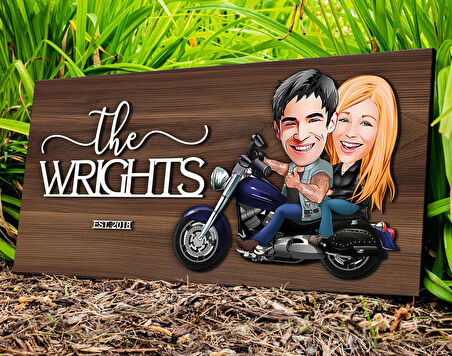 BK Gift Kişiye Özel Motorcu Sevgililer Karikatürlü Kabartma Tasarım Antik Ceviz Ahşap Tabela-1, Dekoratif Tabela, Rustik Ev Dekorasyonu