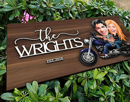 BK Gift Kişiye Özel Motorcu Sevgililer Karikatürlü Kabartma Tasarım Antik Ceviz Ahşap Tabela-1, Dekoratif Tabela, Rustik Ev Dekorasyonu