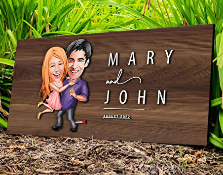 BK Gift Kişiye Özel Sevgililer Karikatürlü Kabartma Tasarım Antik Ceviz Ahşap Tabela-3, Dekoratif Tabela, Rustik Ev Dekorasyonu