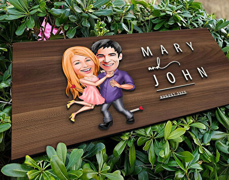 BK Gift Kişiye Özel Sevgililer Karikatürlü Kabartma Tasarım Antik Ceviz Ahşap Tabela-3, Dekoratif Tabela, Rustik Ev Dekorasyonu