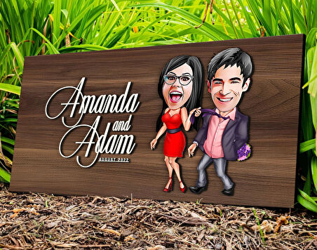 BK Gift Kişiye Özel Sevgililer Karikatürlü Kabartma Tasarım Antik Ceviz Ahşap Tabela-4, Dekoratif Tabela, Rustik Ev Dekorasyonu