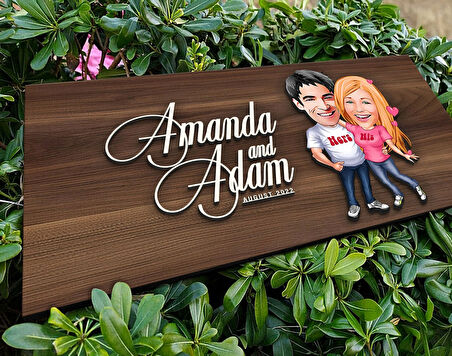 BK Gift Kişiye Özel Sevgililer Karikatürlü Kabartma Tasarım Antik Ceviz Ahşap Tabela-5, Dekoratif Tabela, Rustik Ev Dekorasyonu