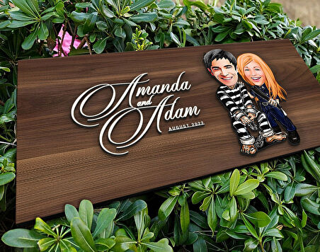 BK Gift Kişiye Özel Sevgililer Karikatürlü Kabartma Tasarım Antik Ceviz Ahşap Tabela-7, Dekoratif Tabela, Rustik Ev Dekorasyonu