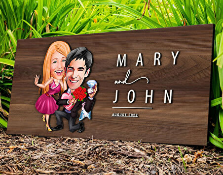 BK Gift Kişiye Özel Sevgililer Karikatürlü Kabartma Tasarım Antik Ceviz Ahşap Tabela-9, Dekoratif Tabela, Rustik Ev Dekorasyonu