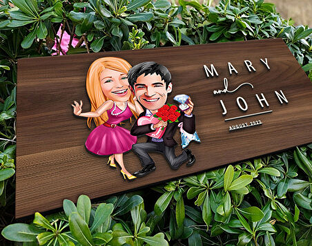 BK Gift Kişiye Özel Sevgililer Karikatürlü Kabartma Tasarım Antik Ceviz Ahşap Tabela-9, Dekoratif Tabela, Rustik Ev Dekorasyonu
