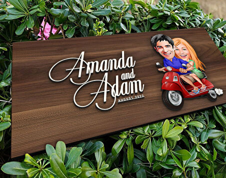 BK Gift Kişiye Özel Sevgililer Karikatürlü Kabartma Tasarım Antik Ceviz Ahşap Tabela-10, Dekoratif Tabela, Rustik Ev Dekorasyonu