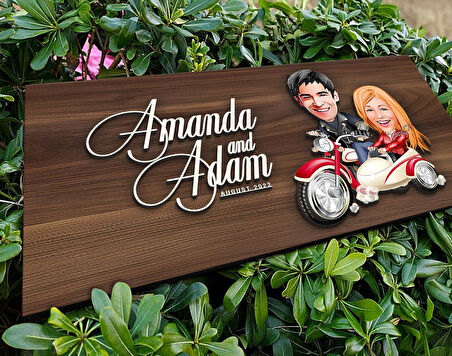 BK Gift Kişiye Özel Sevgililer Karikatürlü Kabartma Tasarım Antik Ceviz Ahşap Tabela-12, Dekoratif Tabela, Rustik Ev Dekorasyonu