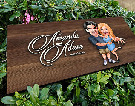 BK Gift Kişiye Özel Sevgililer Karikatürlü Kabartma Tasarım Antik Ceviz Ahşap Tabela-14, Dekoratif Tabela, Rustik Ev Dekorasyonu