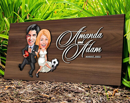 BK Gift Kişiye Özel Sevgililer Karikatürlü Kabartma Tasarım Antik Ceviz Ahşap Tabela-15, Dekoratif Tabela, Rustik Ev Dekorasyonu